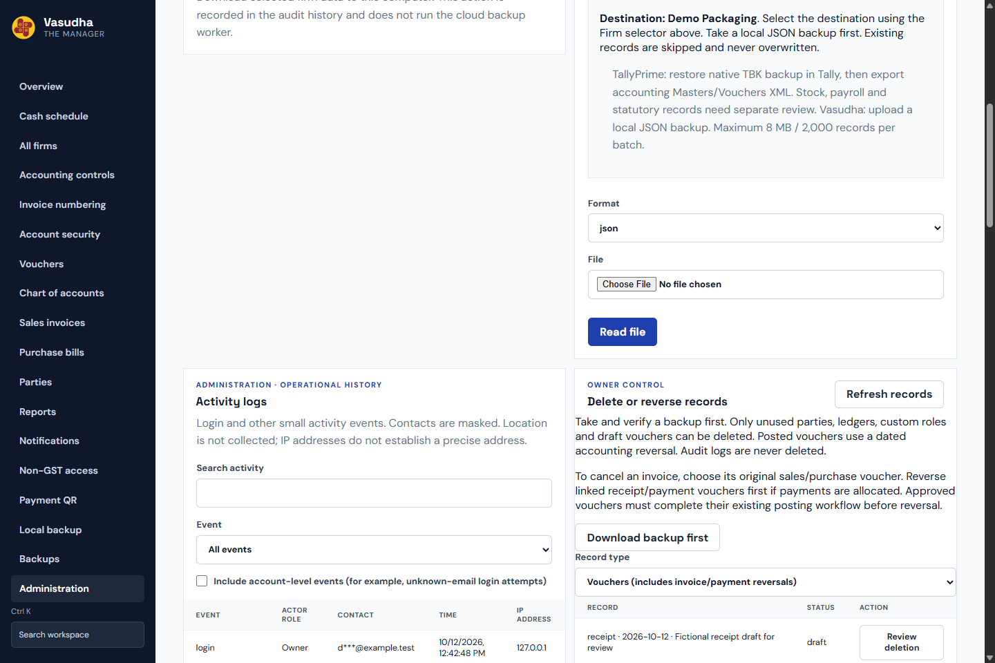 Export a backup and review an import: the actual Vasudha interface