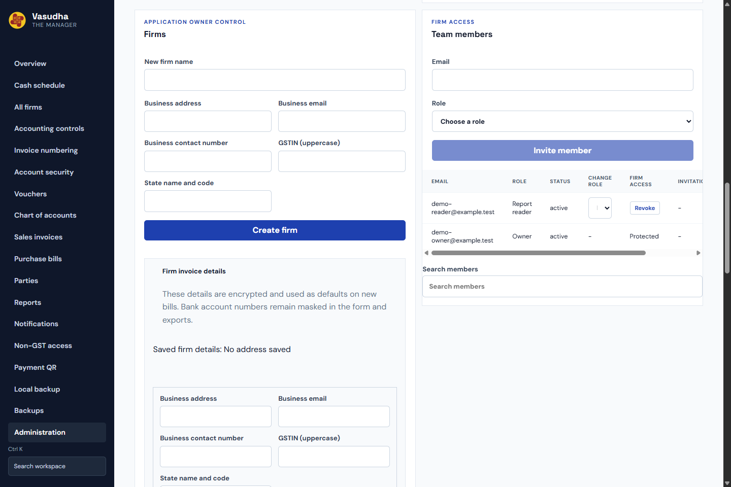 Invite a team member and choose permissions: the actual Vasudha interface