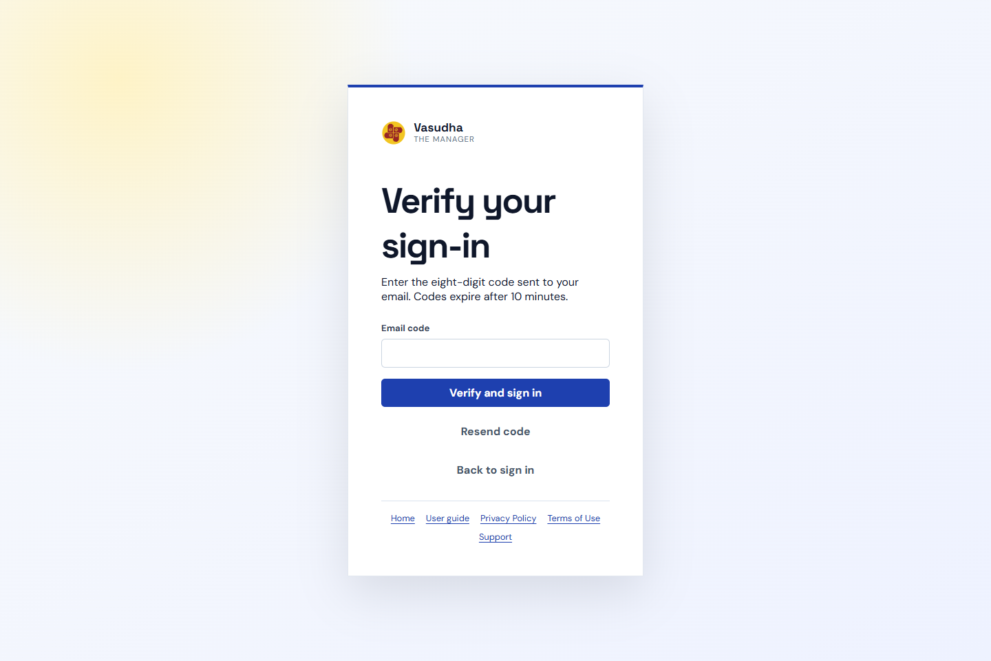 Sign in and verify your email: the actual Vasudha interface